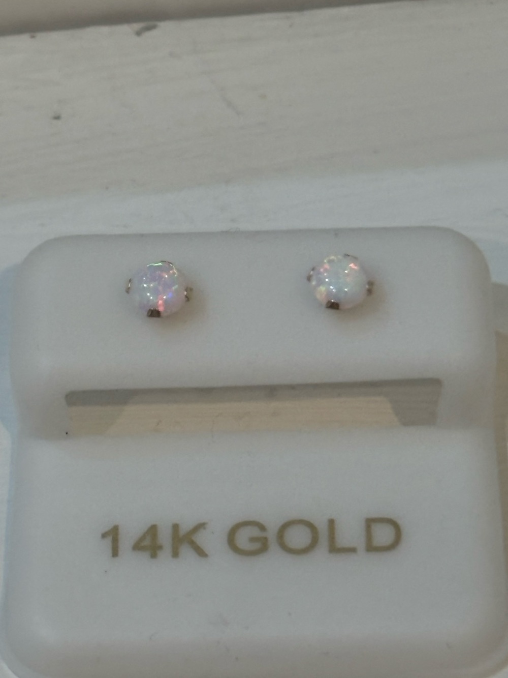 14K Gold Opal Stud Earrings - White Opal Sparkle - Picture 4 of 7